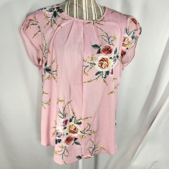 Designer Pink Floral Petal Sleeves Pleated Front Neckline Button Neck Top XLarge - Picture 1 of 9